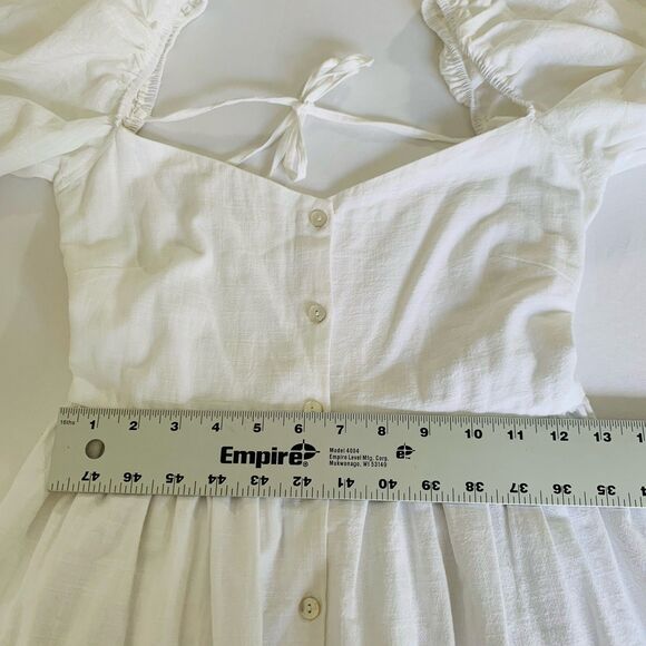 Showpo Palmer Midi Dress US 6 White Puff Sleeve Button Ruffle Tiered Trad Wife - Picture 11 of 14